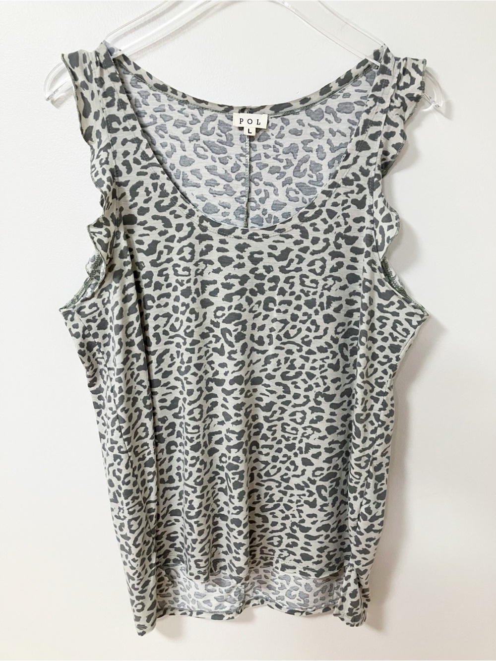 POL | Gray Leopard Print Flutter Sleeve Tank Top L Animal Boho Casual Grunge Y2K